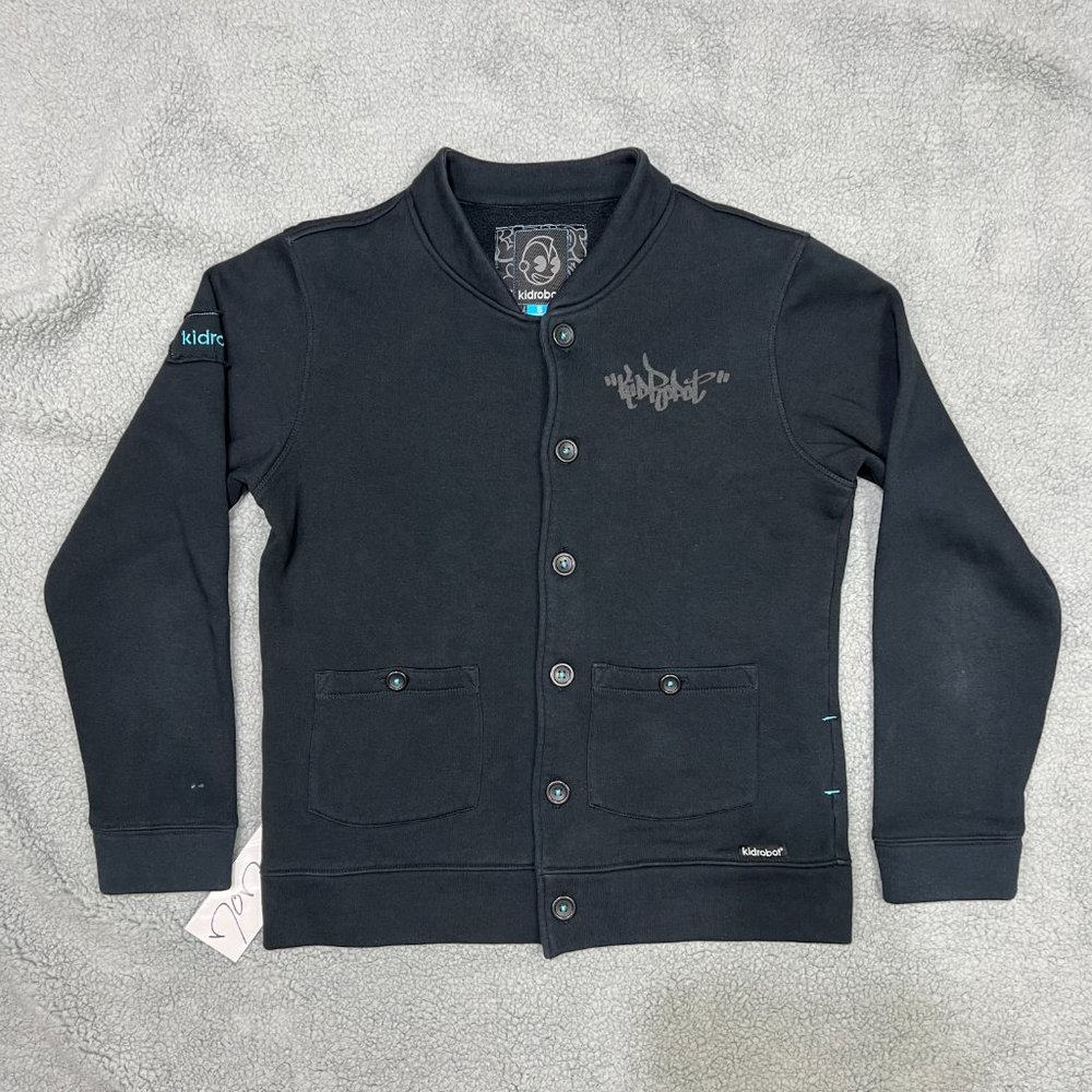 Kidrobot Cardigan Mens Small Black Button Up Fleece Jacket Sweater Vintage Y2K 5